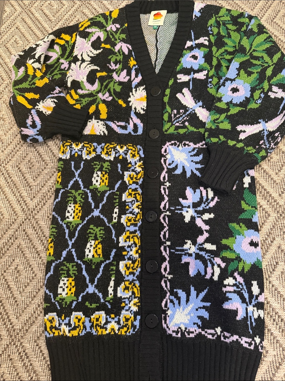 FARM Rio Black Multi Floral Patchwork Cardigan with belt - Picture 4 of 8